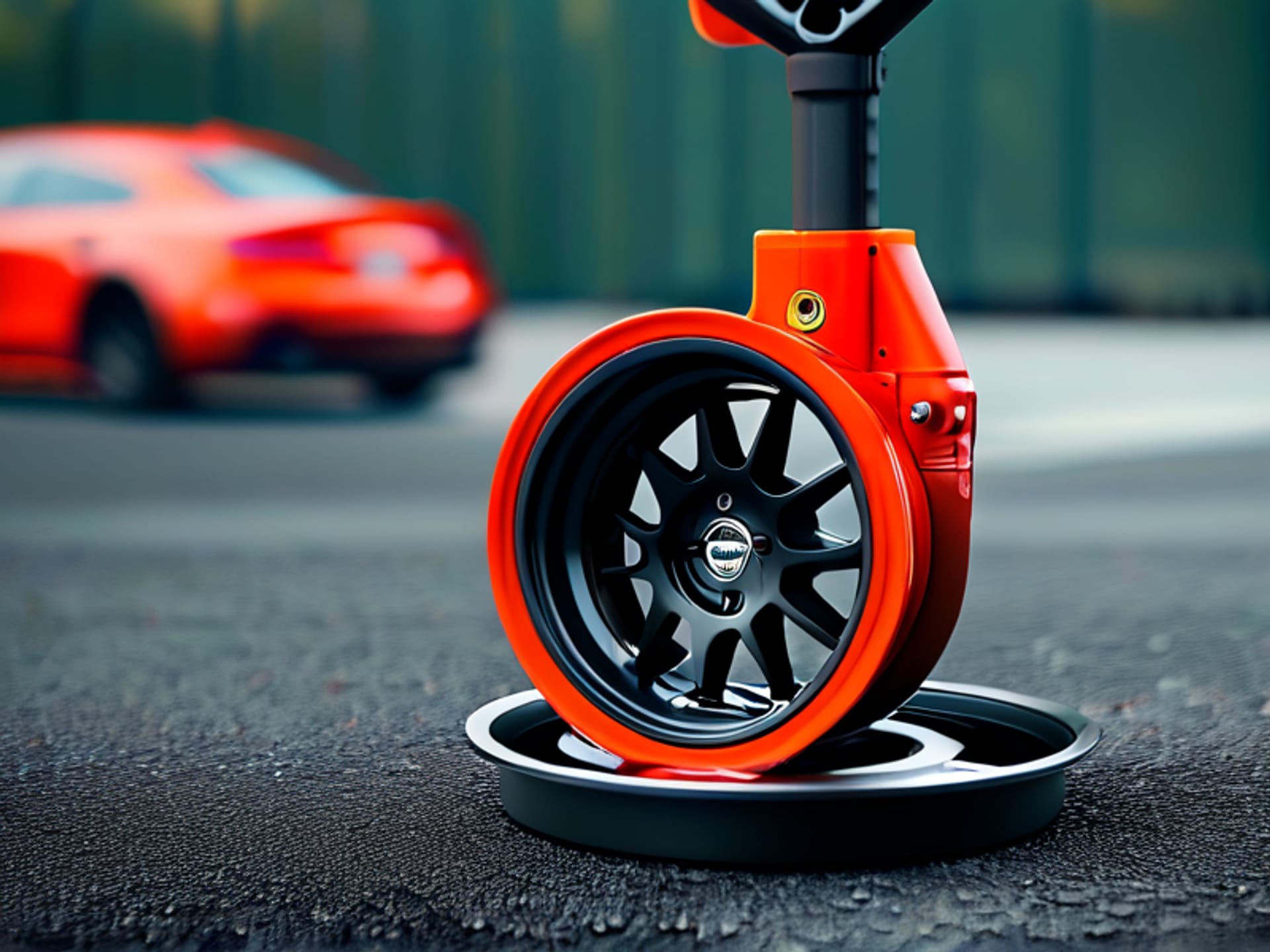 Midjourney prompt: A single car wheel safely supported by a solid, black iron jack stand, with a red floor jack just visible nearby. In the background, a wheel chock is securely wedged behind another tire. Dramatic low-angle shot on asphalt, shallow depth of field, focus on the firm connection between the jack stand and the car's metal lift point.