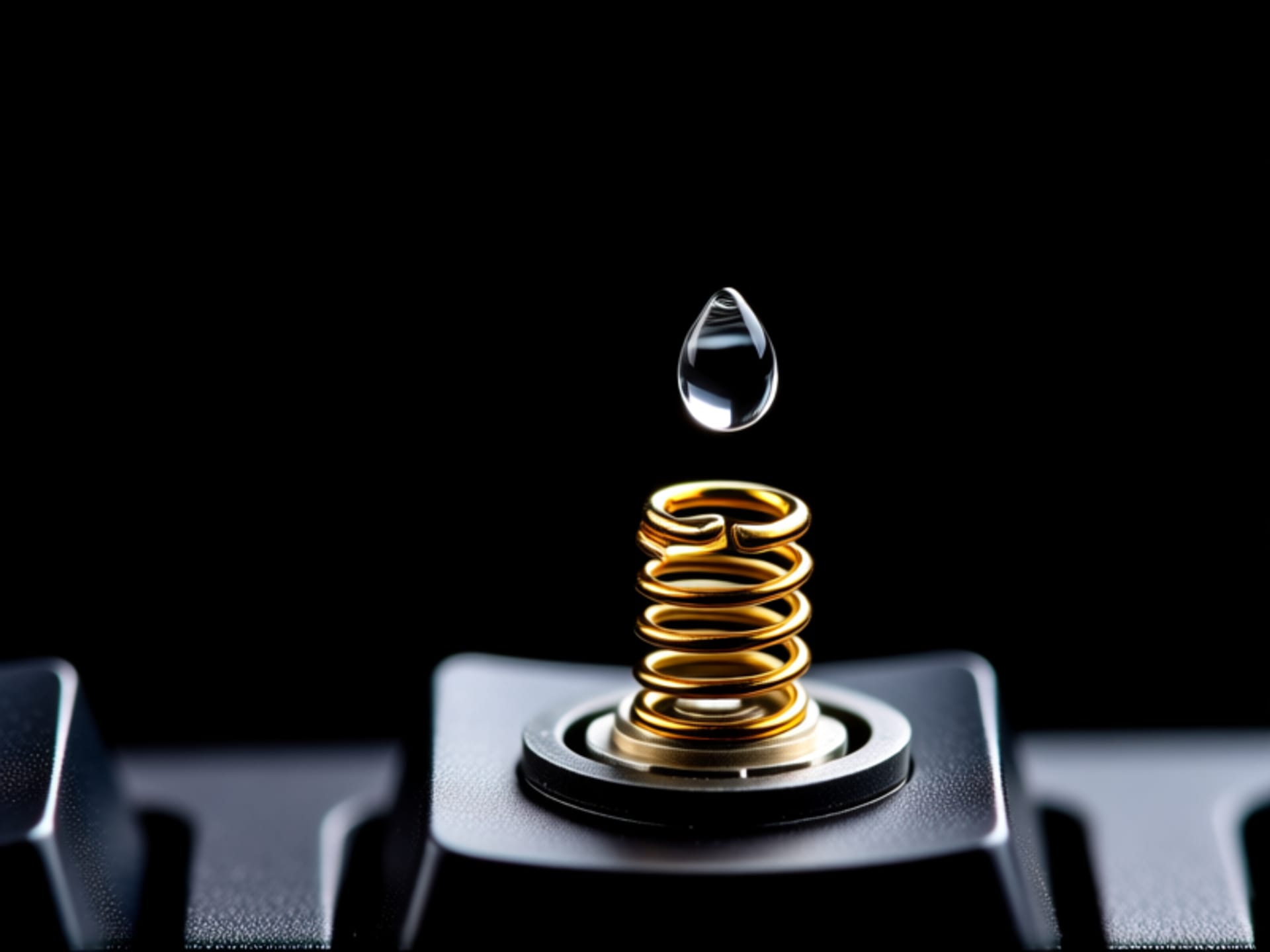 Extreme macro photography of a mechanical keyboard switch stem and spring, isolated on a black background. A single, perfect drop of clear lubricant is suspended just above the center of the spring, highlighting its viscosity. --ar 4:5 --v 6.0 --style raw