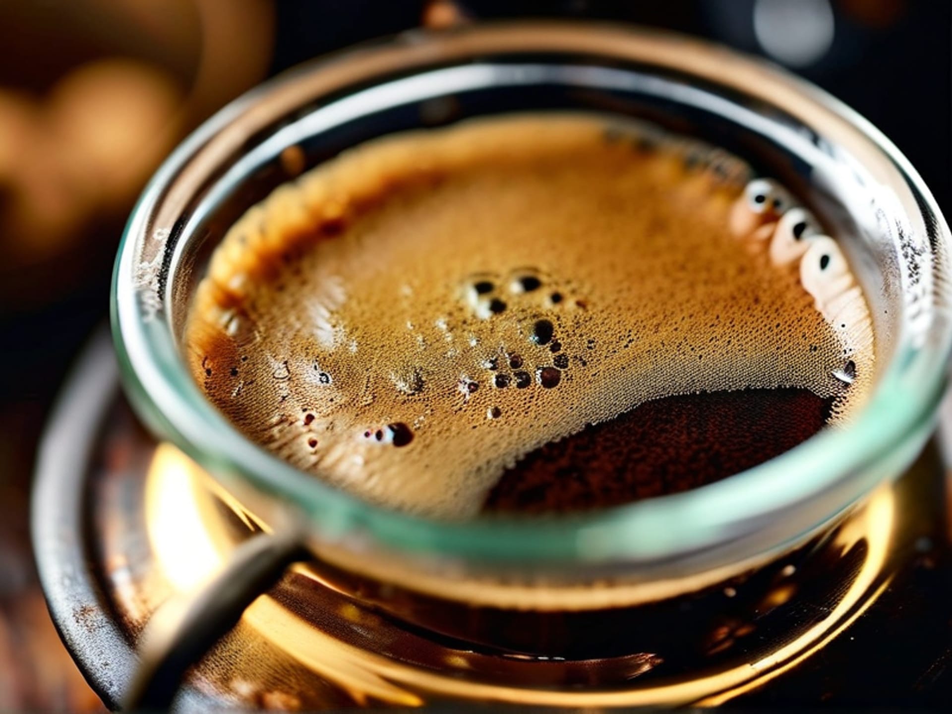 A macro shot, top-down into a clear French press. The image captures the coarse coffee grounds suspended in water, mid-steep. A few bubbles cling to the sides. The light is diffused, highlighting the rich brown colors. Shot on a DSLR, shallow depth of field.