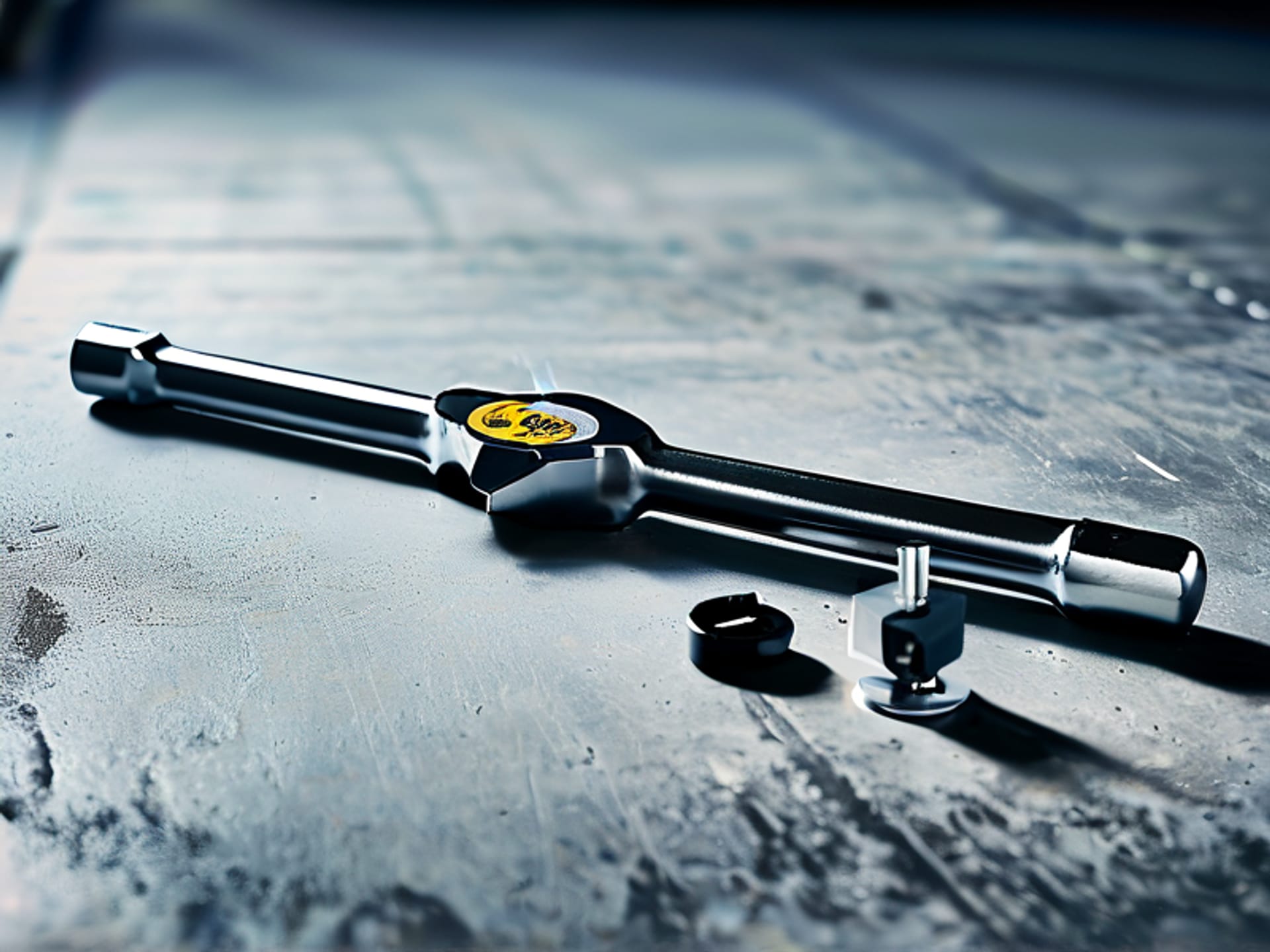 Midjourney prompt: Glamour shot of a 1/2-inch drive torque wrench, a sturdy floor jack, and a 4-way lug wrench on a clean, cold concrete garage floor. Light gleams off the polished metal. Insets with callout circles show: a jack stand, a wheel chock, and a tire pressure gauge. Sharp focus, product photography style, glossy reflections.