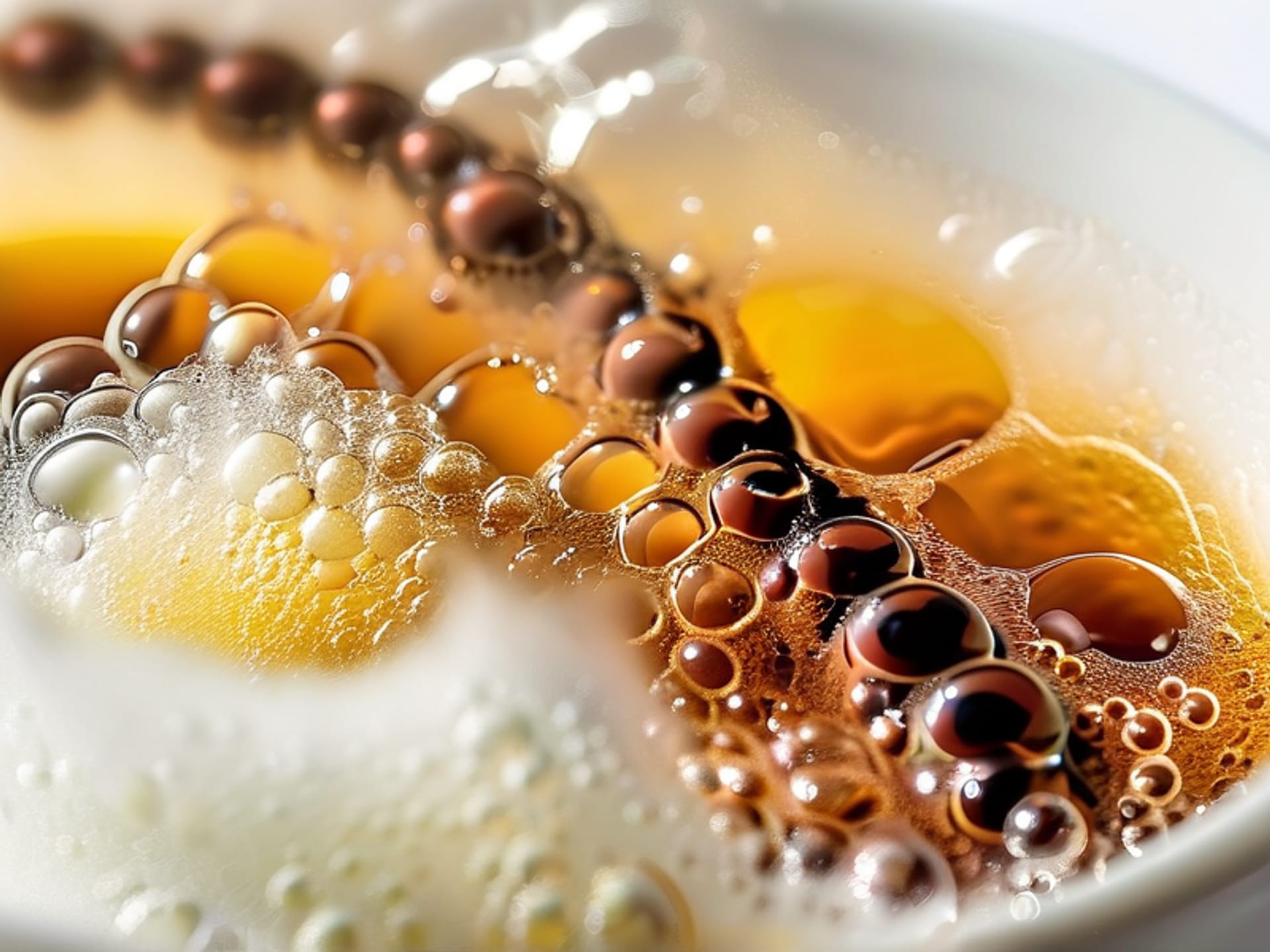 Extreme macro close-up of fresh coffee grounds during the bloom phase. Bubbles of carbon dioxide escaping, creating a textured, foamy surface. Water is beaded and glistening. Sharp focus on the texture, shot on a white background, studio lighting.