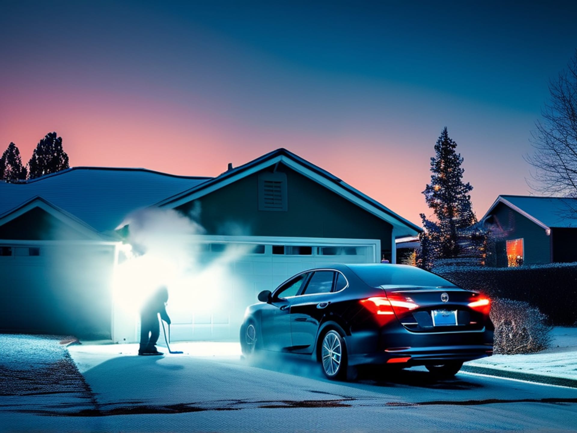 Low-angle shot of a person in winter gear power-washing the undercarriage of a sedan in a home driveway, steam rising from the hot water hitting the cold frame, realistic photo, dusk lighting.