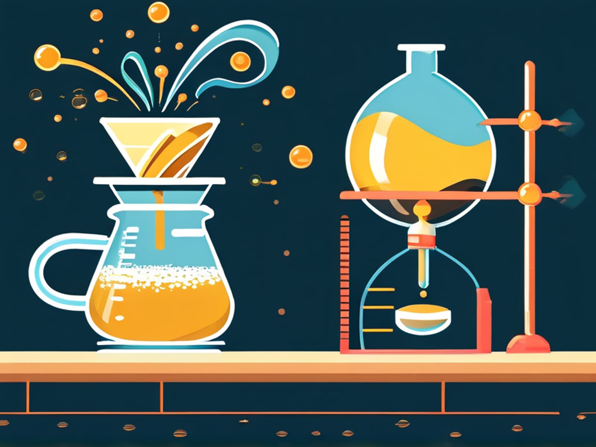 A split-screen animation concept: left side shows coffee molecules slowly flowing into water, labeled 'Under'. Right side shows a balanced, golden extraction, labeled 'Sweet Spot'. Illustrated, scientific but beautiful.