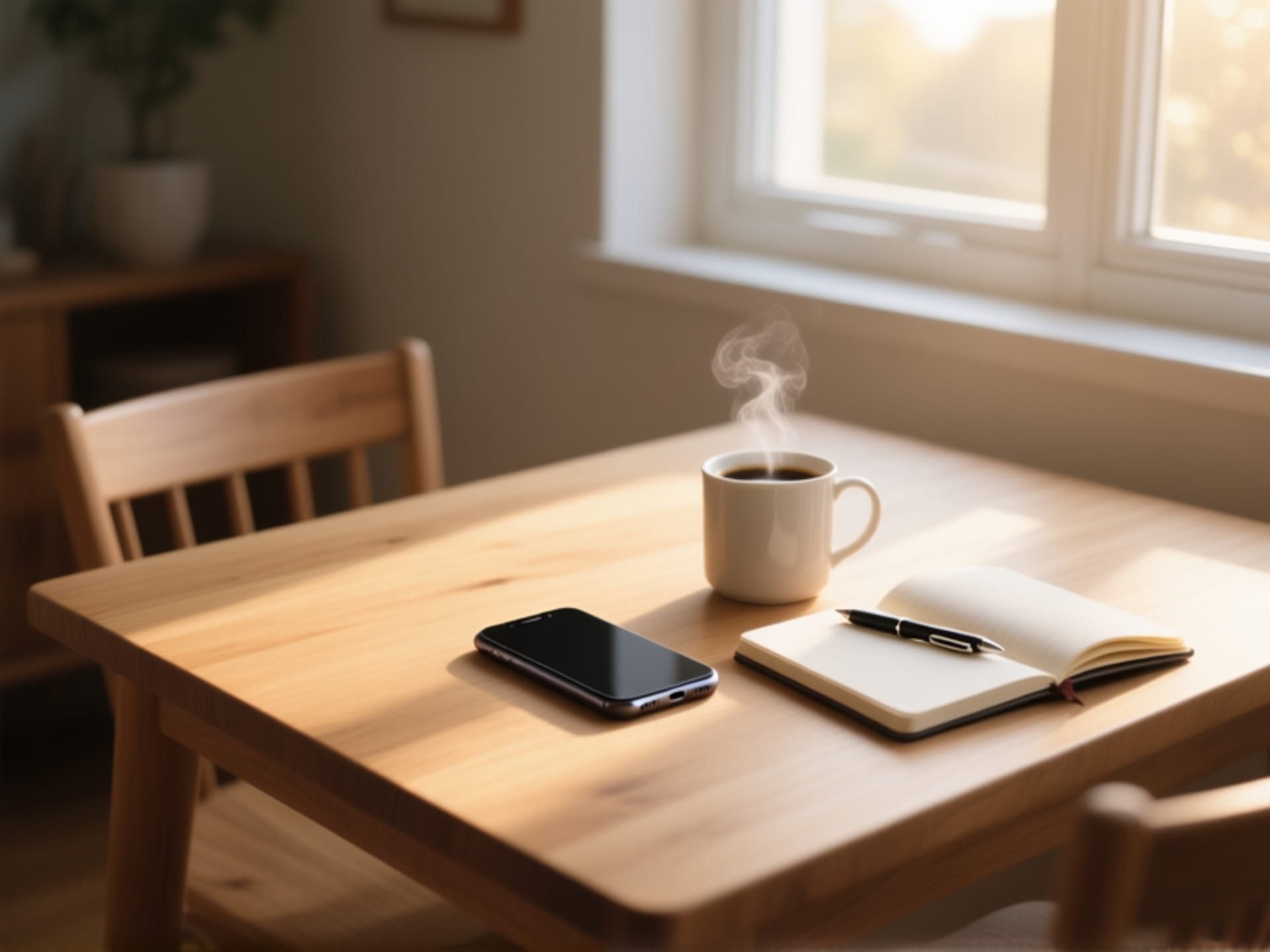 (Midjourney/SD Prompt) Early morning light streams through a window onto a simple wooden dining table. A smartphone lies face down, buzzing silently, ignored. A steaming mug of coffee and an open notebook with a pen next to it sit nearby. A sense of calm resistance. Photorealistic, warm, natural light, shallow depth of field. --ar 4:5