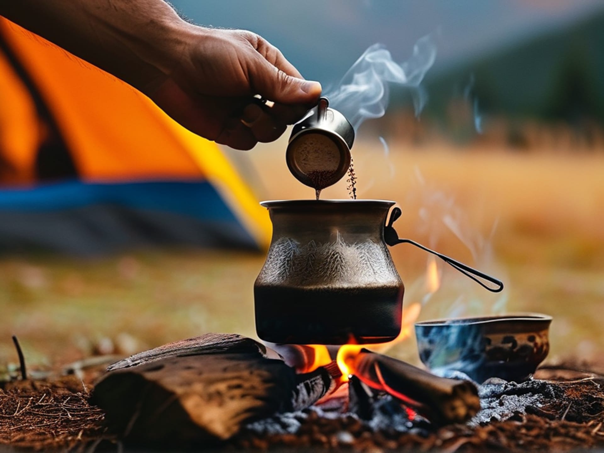 AI IMAGE PROMPT: Rugged, weathered hand pouring coarse-ground coffee from a leather pouch into a blackened enamel pot on a crackling campfire. Sparks flying, early morning light. Bokeh background of a tent and mountains. Raw, authentic texture. --ar 16:9 --v 6.0