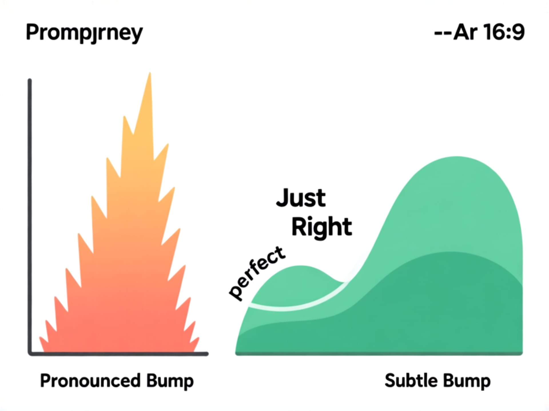 Midjourney prompt: An illustrated side-by-side comparison graph. Left side shows a sharp, spiky force curve labeled 'Pronounced Bump'. Right side shows a gentle, rounded hill labeled 'Subtle Bump'. Center shows a perfect curve labeled 'Just Right'. Clean infographic style, white background --ar 16:9