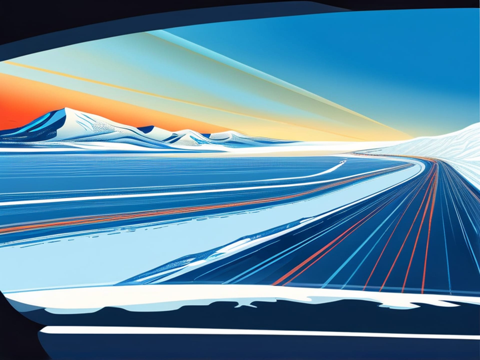 Explainer diagram of a car windshield cross-section, showing extreme stress contrast between the hot interior surface and the freezing cold exterior layer, scientific illustration, vector style, red gradient heat vs blue ice --ar 16:9