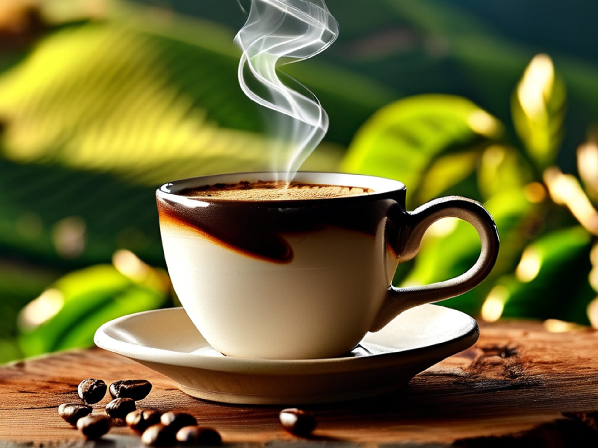 A single, perfect ceramic coffee cup on a rustic wooden table, filled with black coffee. The steam rises to form a detailed, ethereal landscape of a specific coffee farm: rolling green hills with coffee plants, pickers in hats. Photorealistic, macro details on the bean, soft morning light, depth of field.