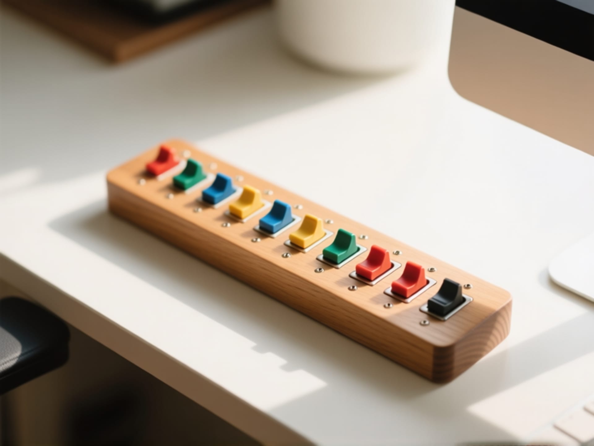 A beautifully arranged overhead shot of a wooden switch tester, with 12 different colored switches neatly installed. Soft, natural light, shallow depth of field, clean desk aesthetic.