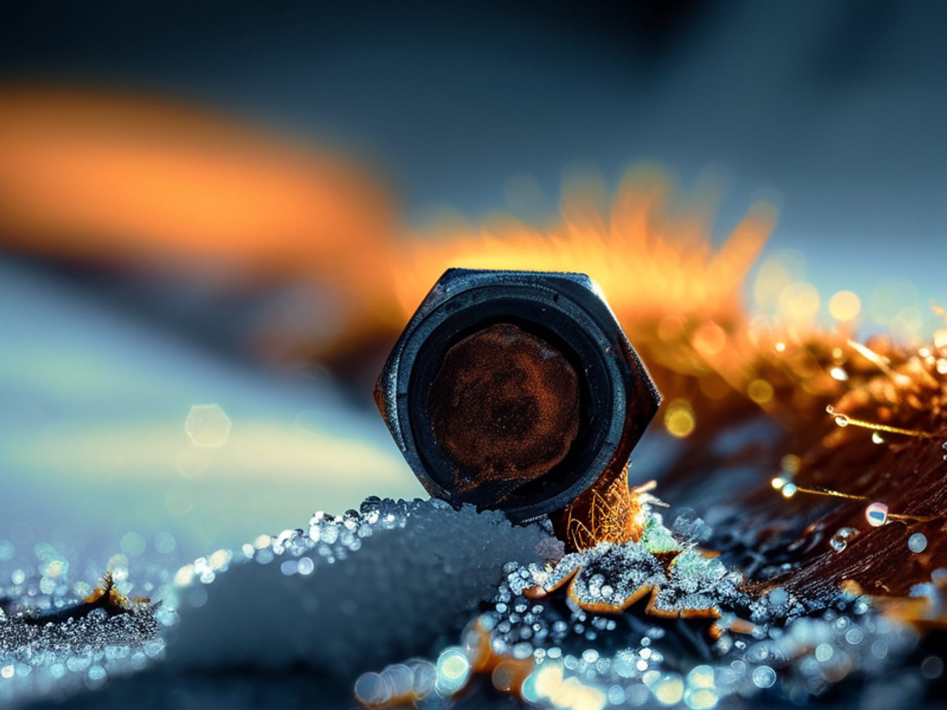Macro photograph, Midjourney, 8k, Sci-fi mood. Extreme close-up on a corroded metal bolt and steel frame. Textures of orange and red rust flaking away, water droplets clinging, a small trail of white salt residue visible. Dramatic studio lighting from the side creating deep shadows, highlighting the decay.