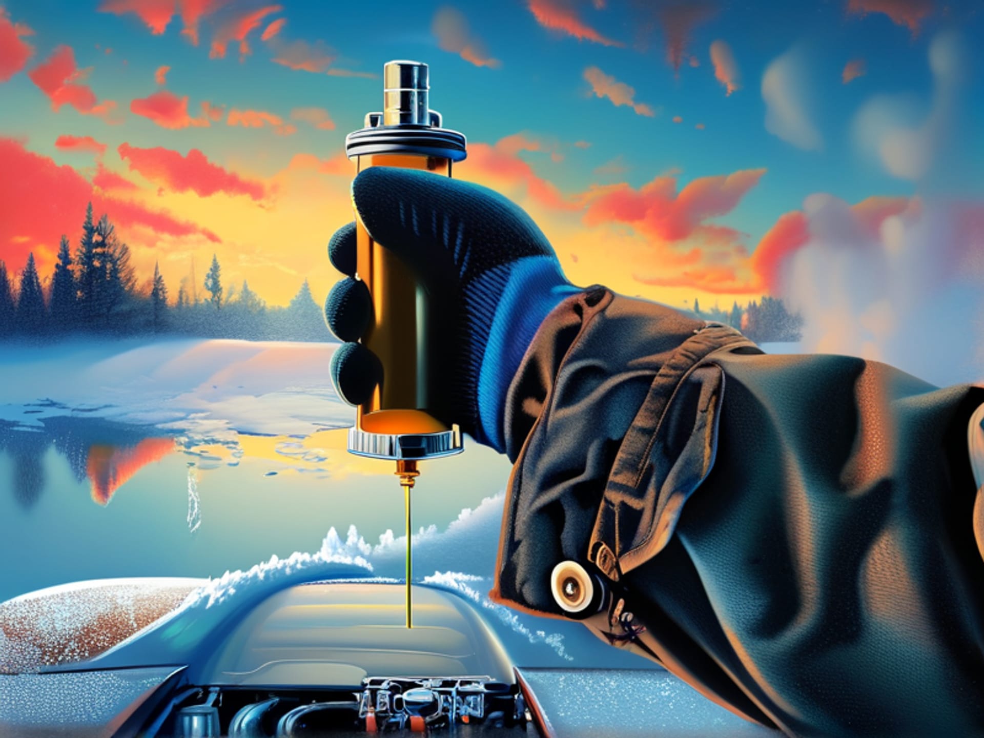 Midjourney prompt: A person's hand, wearing fingerless wool gloves, pulling the engine oil dipstick from a car on a frosty morning, checking the level against a bright sky, steam rising from the engine bay, realistic detail --ar 16:9