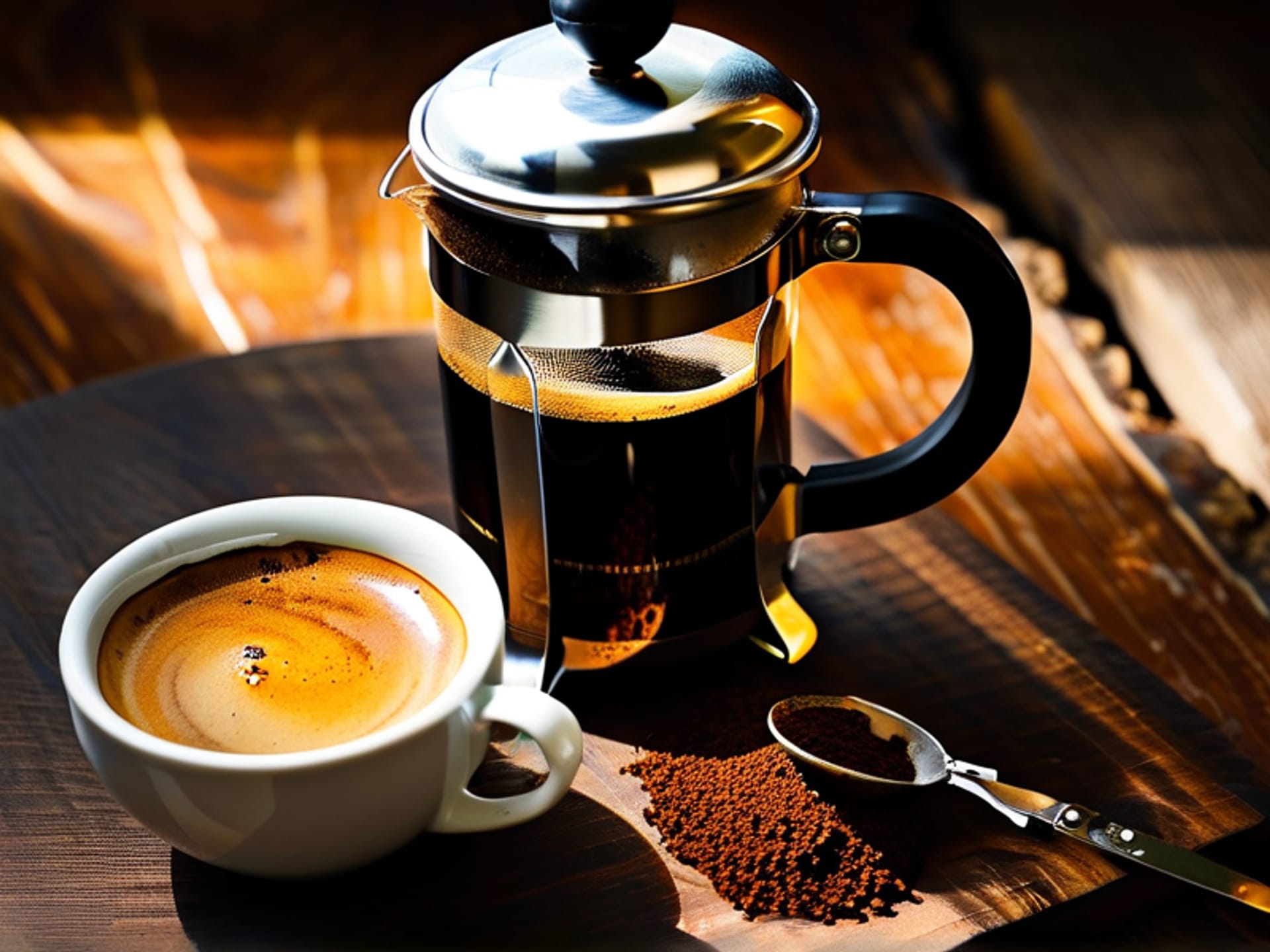 Classic French Press on a wooden table. Top-down view showing the mesh plunger halfway submerged in dark coffee with a bloom of foam. Crumbs and a scoop of coffee grounds nearby, natural light.