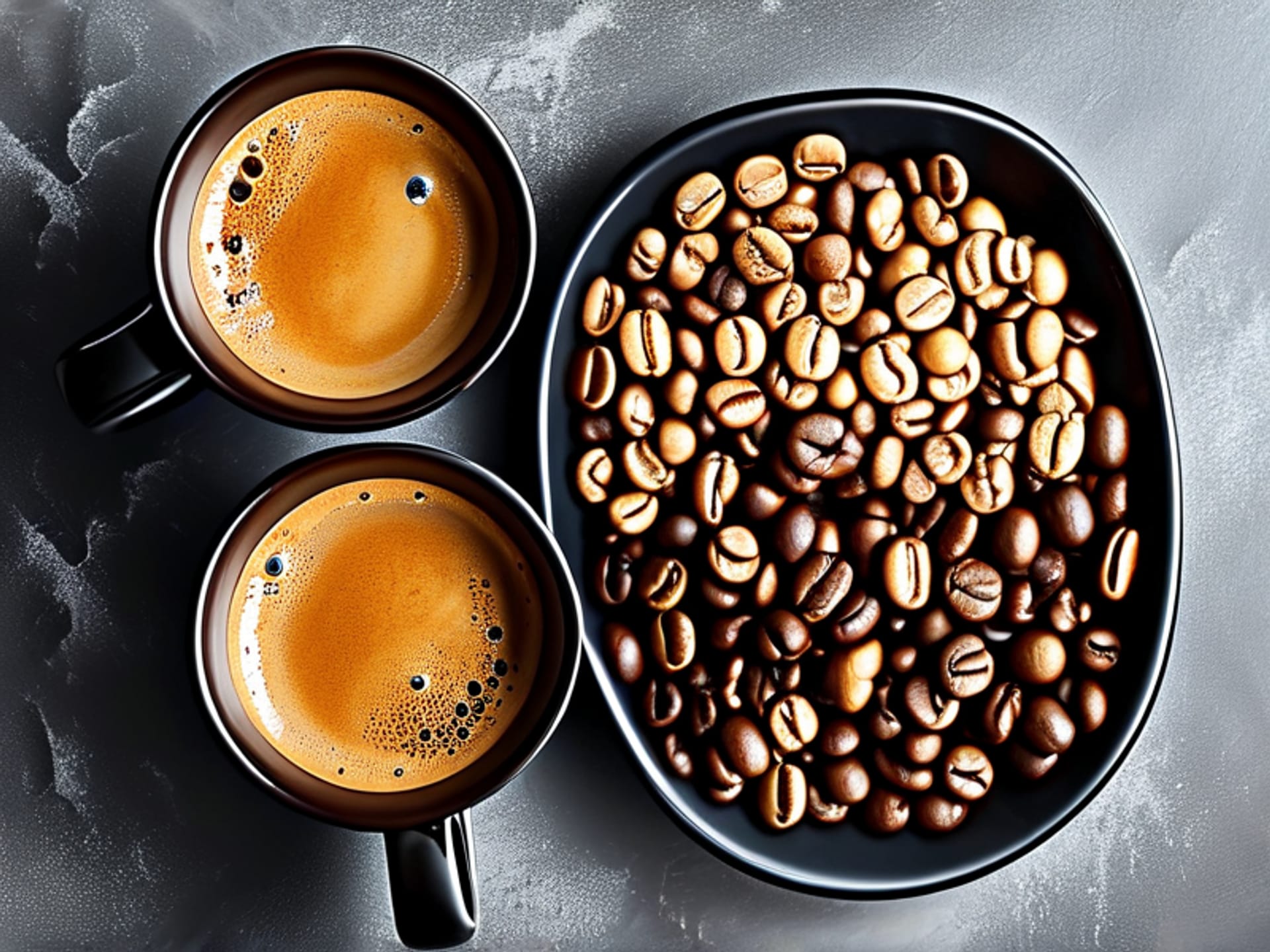 Midjourney Prompt: A perfectly composed flat lay showing three piles of whole coffee beans: light tan, medium brown, and dark chocolate brown, next to their respective mugs of coffee on a slate-gray background. Hyper-realistic, detailed texture, studio lighting --ar 16:9